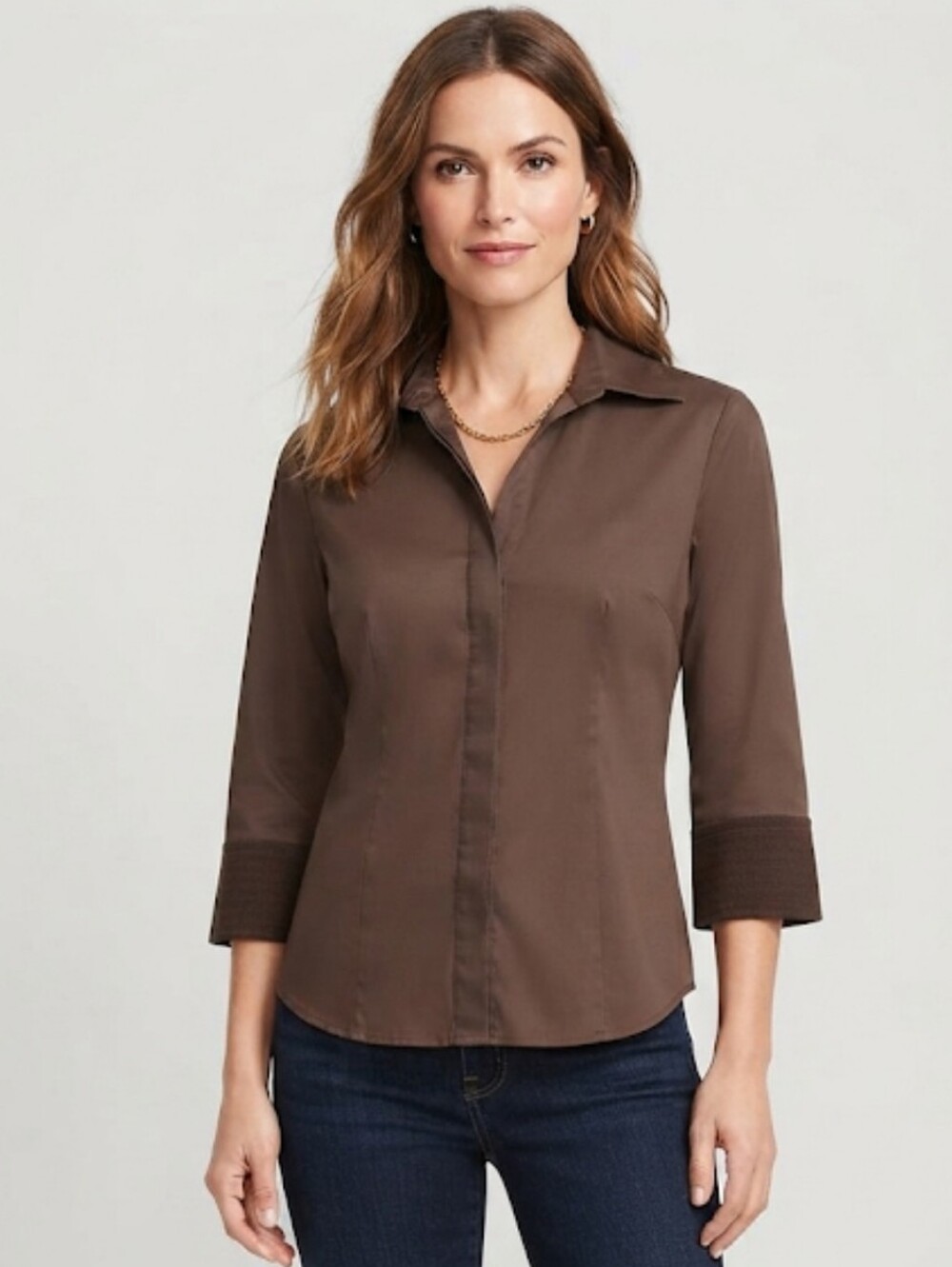 Talbots 3/4 Sleeve Hidden Button Placket Button-Down Brown Shirt Size 8 Petite